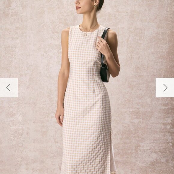 RIHOAS   The Beige Round Neck Plaid Slit Midi Dress 3 - Picture 1 of 8